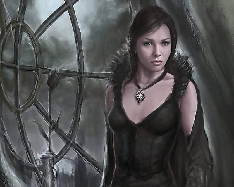 Woman in Dark Dress — Black, Dramatic, Digital Art, Necklace