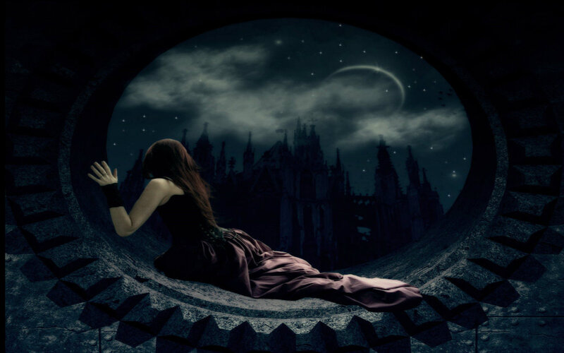 Woman in Dark Dress — Black, Dramatic, Night, Digital Art, Castle