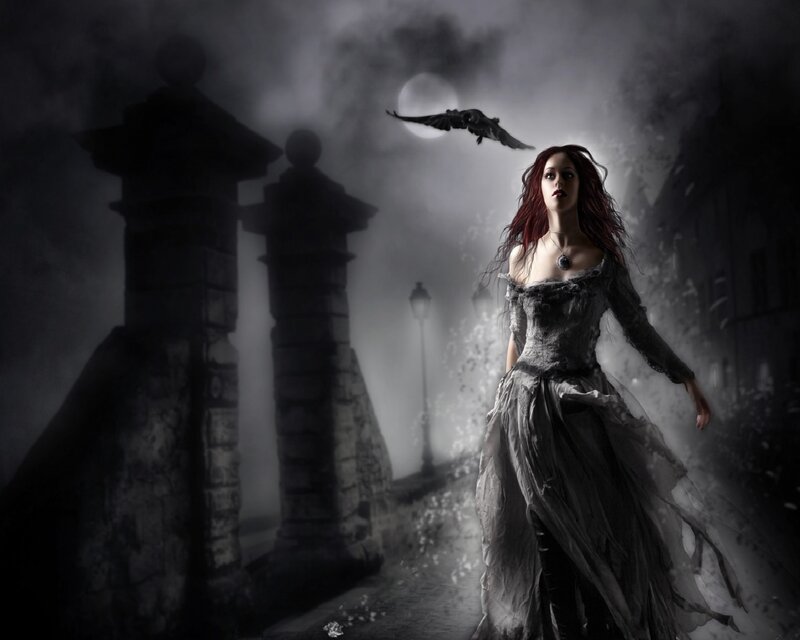Woman in Dark Dress — Black, Dramatic, Night, Digital Art, Crow