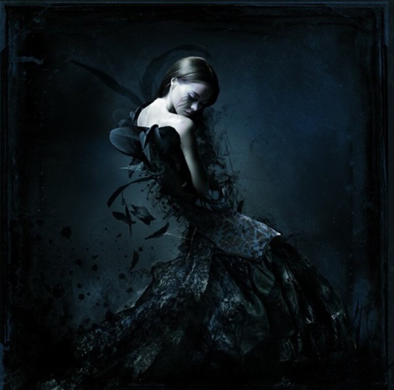 Woman in Dark Dress — Black, Dramatic, Night, Digital Art, Feathers
