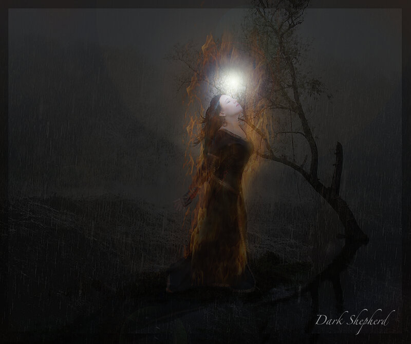 Woman in Dark Dress — Black, Dramatic, Night, Digital Art, Fire