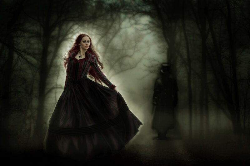 Woman in Dark Dress — Black, Dramatic, Night, Digital Art, Forest, Man
