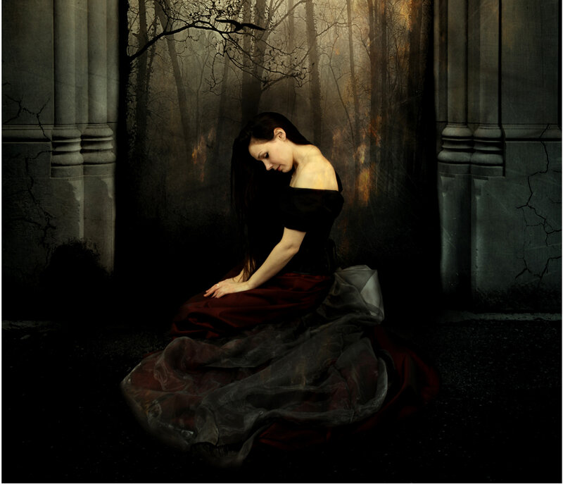 Woman in Dark Dress — Black, Dramatic, Night, Digital Art, Forest