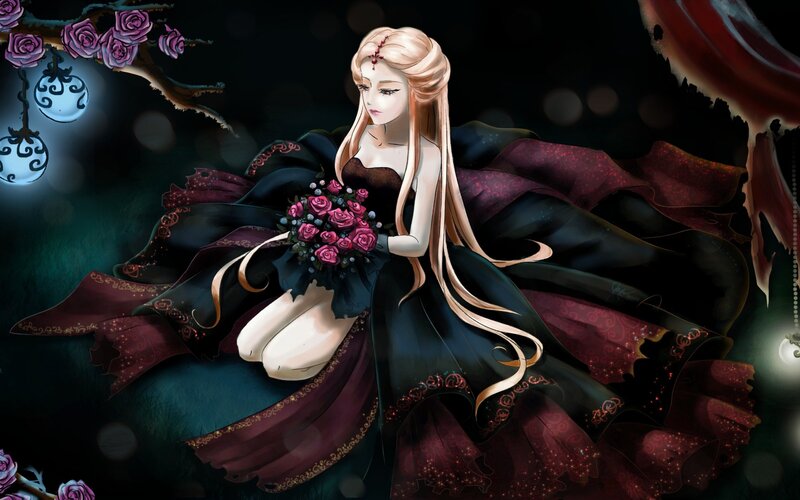 Woman in Dark Dress — Black, Dramatic, Night, Digital Art, Roses