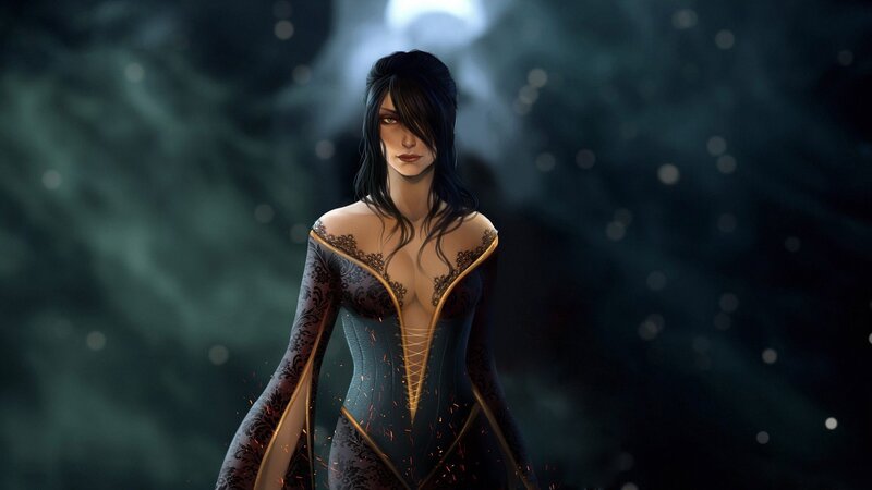 Woman in Dark Dress — Black, Dramatic, Night, Digital Art, Sparks