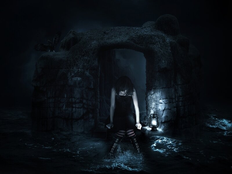 Woman in Dark Dress — Black, Dramatic, Night, Digital Art, Stone Arch