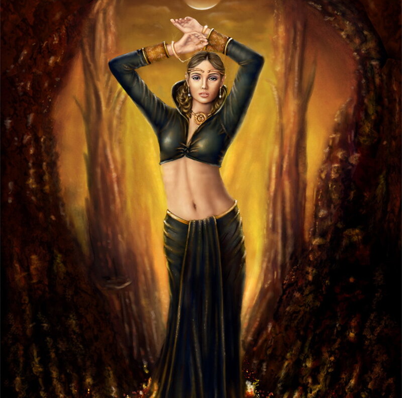 Woman in Dark Dress — Black, Dramatic, Night, Digital Art, Trees