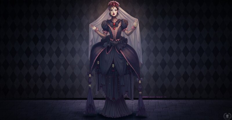 Woman in Dark Dress — Black, Dramatic, Night, Digital Art, Veil