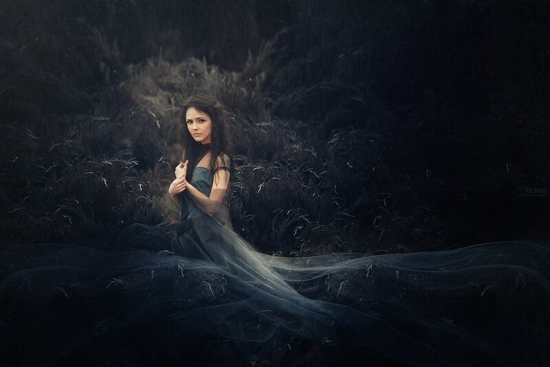 Woman in Dark Dress — Black, Dramatic, Night, Photograph, Grass