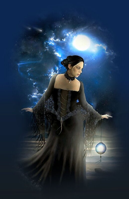 Woman in Dark Dress — Blue, Dramatic, Night, Digital Art, Moon, Lantern