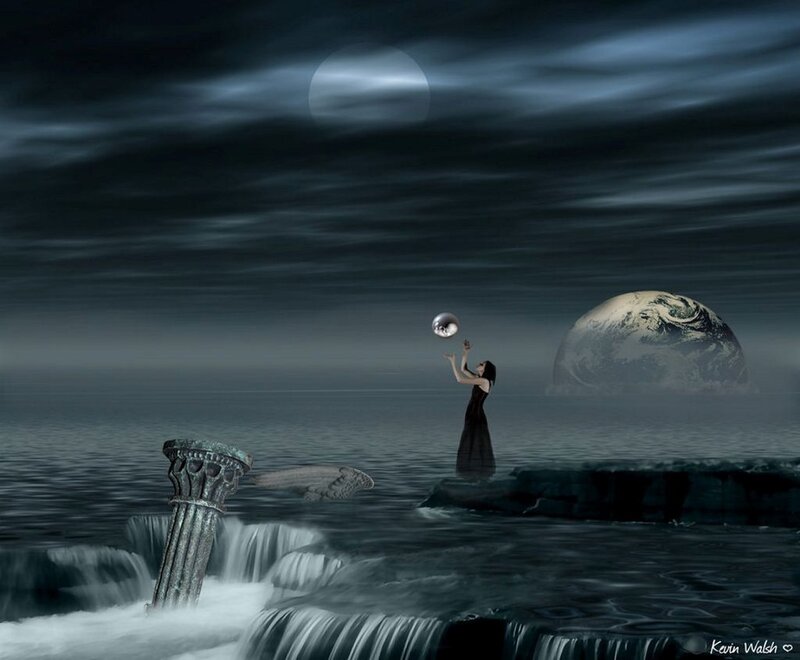 Woman in Dark Dress — Blue, Dramatic, Night, Digital Art, Moon, Planet