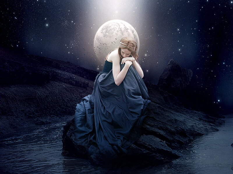 Woman in Dark Dress — Blue, Dramatic, Night, Digital Art, Moon