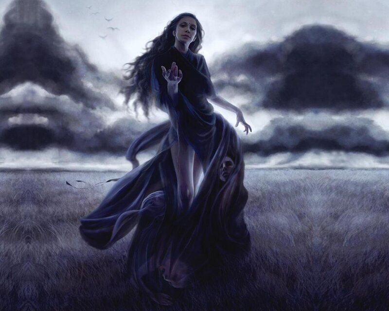 Woman in Dark Dress — Blue, Dramatic, Night, Digital Art, Skull