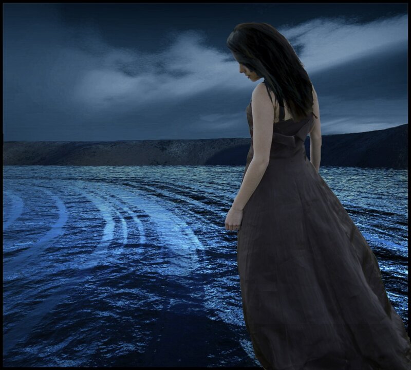 Woman in Dark Dress — Blue, Dramatic, Night, Digital Art, Water