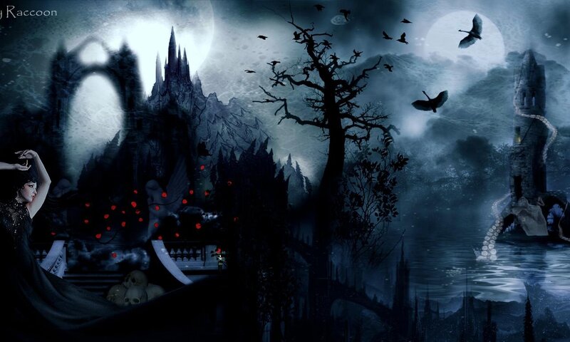 Woman in Dark Dress — Blue, Night, Digital Art, Castle