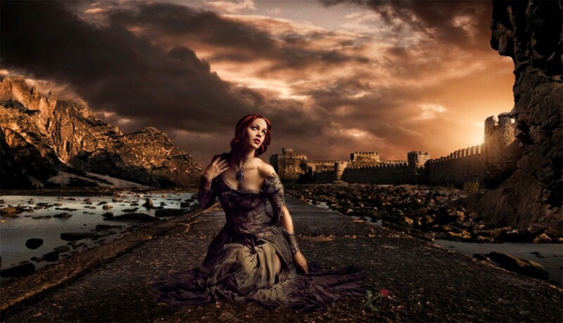 Woman in Dark Dress — Brown, Dramatic, Sunset