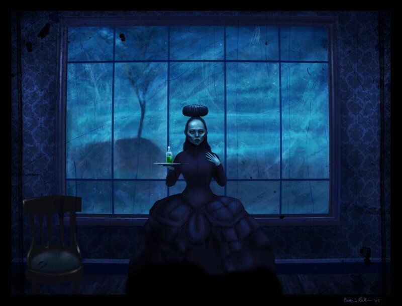 woman in dark dress by window