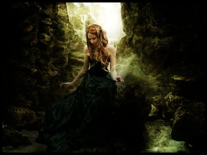 Woman in Dark Dress — Green, Dramatic, Digital Art, Cave