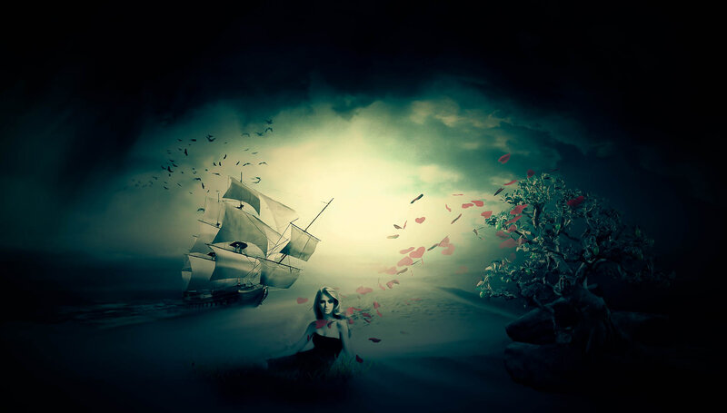 Woman in Dark Dress — Green, Dramatic, Night, Digital Art, Sailing Ship