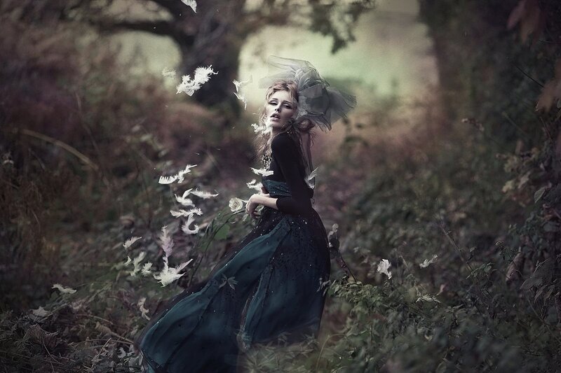Woman in Dark Dress — Green, Dramatic, Photograph