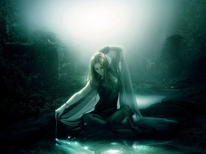 Woman in Dark Dress — Green, Dramatic