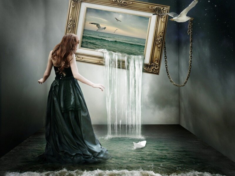Woman in Dark Dress — Green, Dreamlike