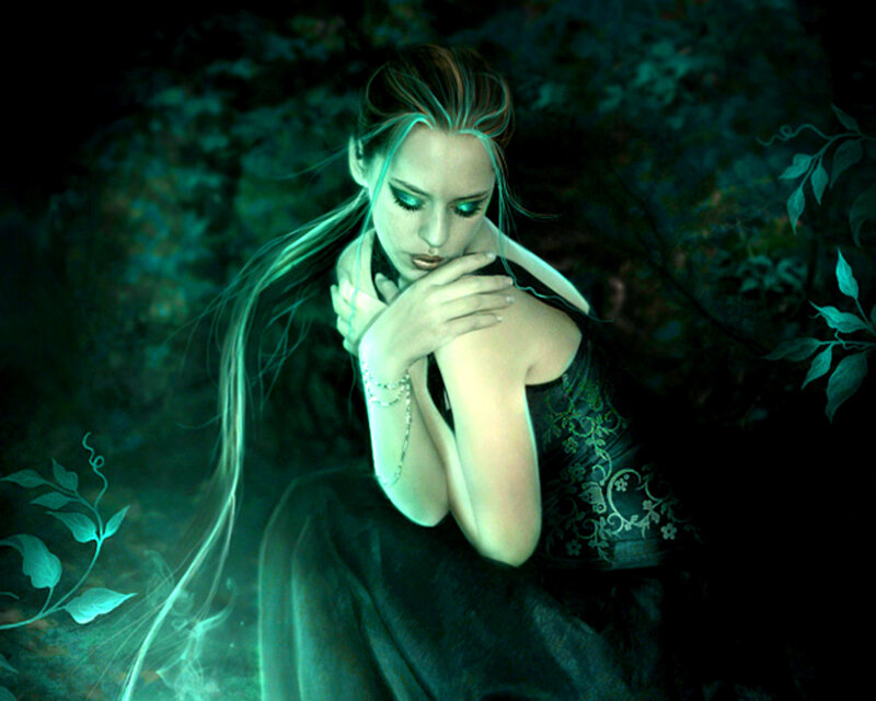 Woman in Dark Dress — Green, Mysterious, Night, Digital Art
