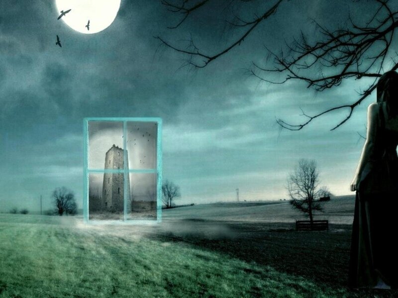 Woman in Dark Dress — Green, Night, Digital Art