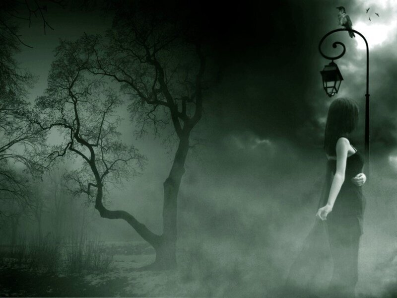 Woman in Dark Dress — Green, Night, Digital Art, Tree
