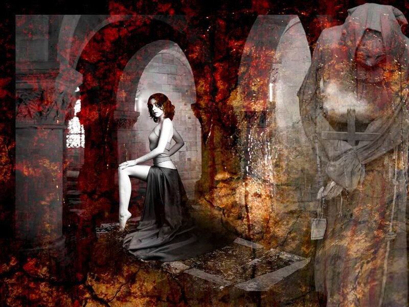 Woman in Dark Dress — Red, Dramatic, Digital Art