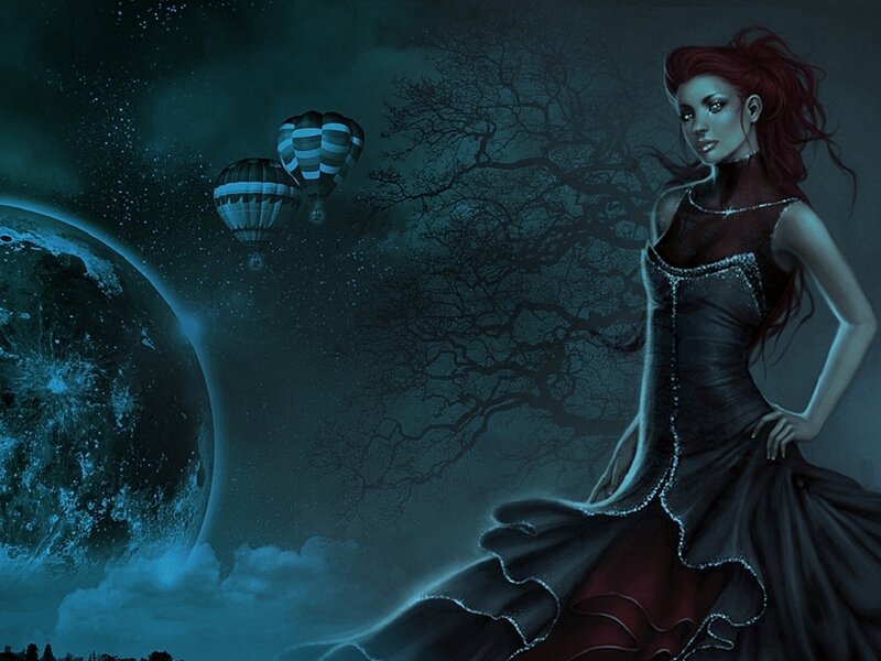 woman in dark dress under moon