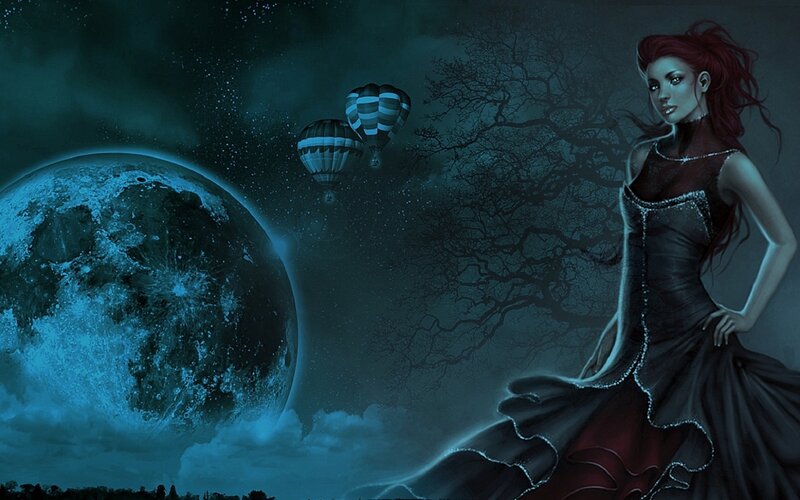 woman in dark dress under moon