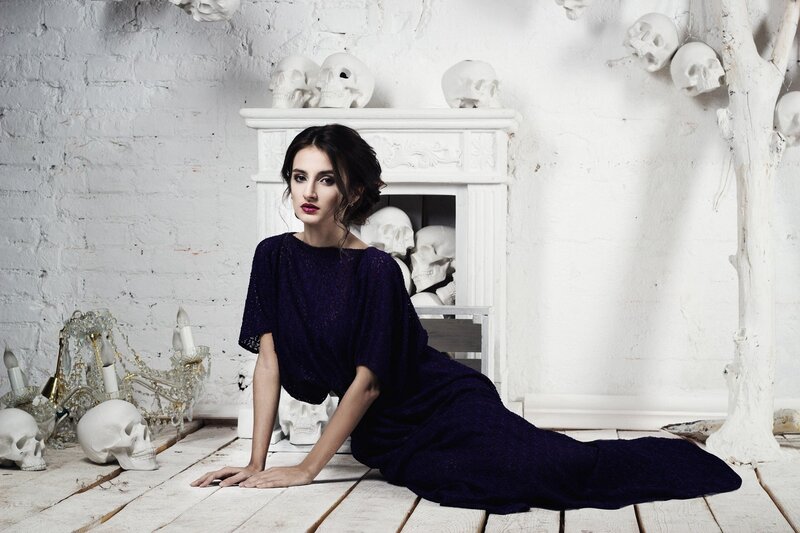 Woman in Dark Dress — White, Dramatic