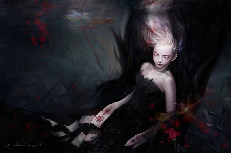 woman in dark dress with cards