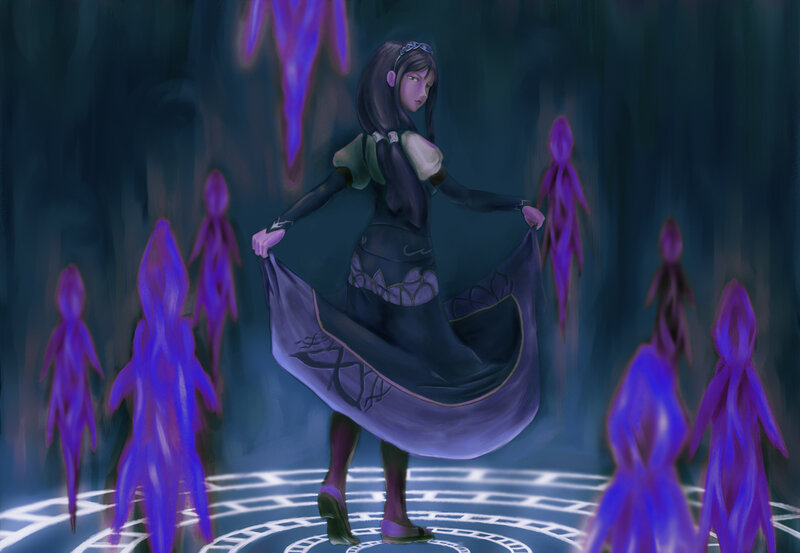 woman in dark dress with spirits