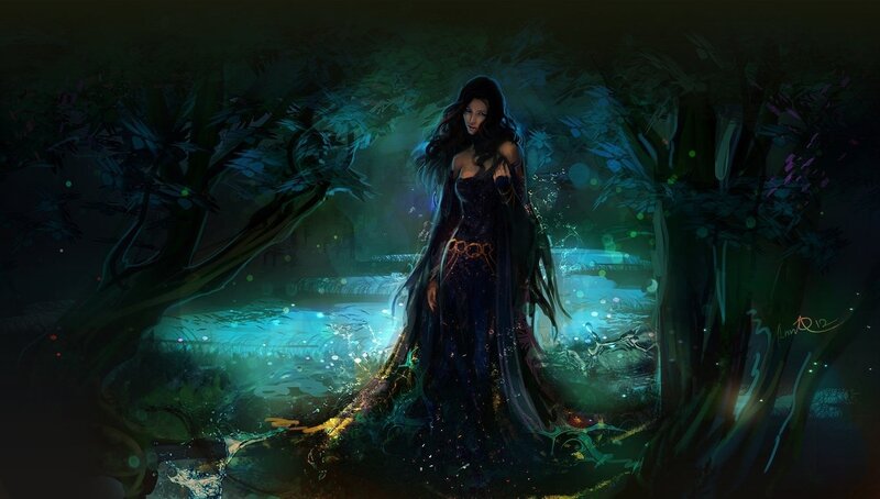 woman in dark forest