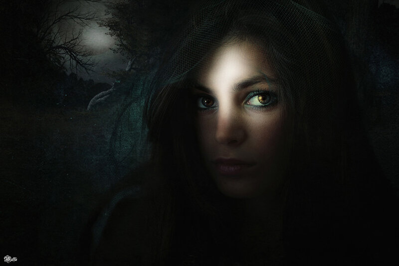 woman in dark forest