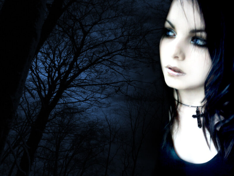 Woman in Dark Forest — Black, Dramatic, Night, Digital Art, Cross Necklace