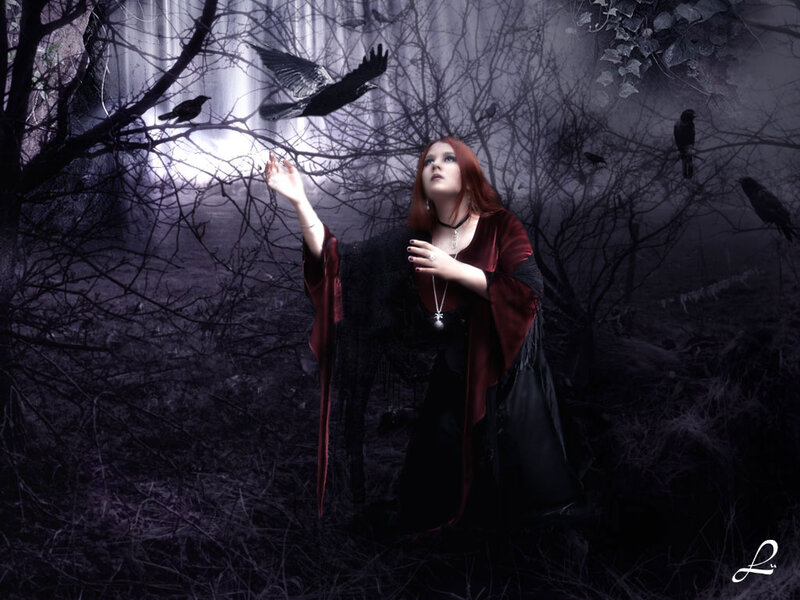 Woman in Dark Forest — Black, Dramatic, Night, Digital Art, Crows