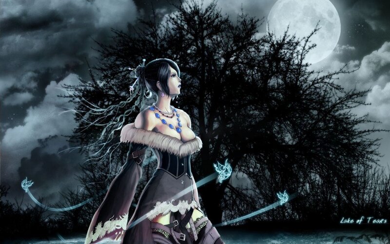 Woman in Dark Forest — Black, Dramatic, Night, Digital Art, Full Moon