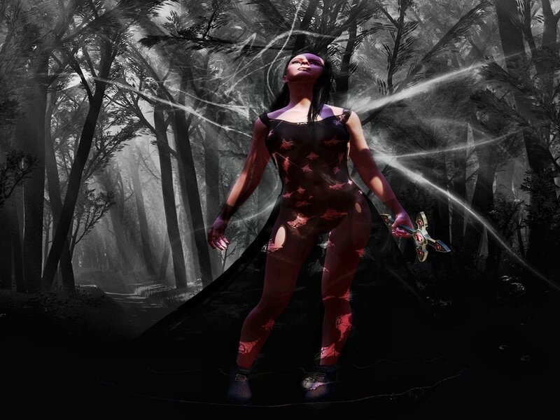 Woman in Dark Forest — Black, Dramatic, Night, Digital Art, Sword