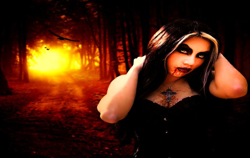 Woman in Dark Forest — Black, Dramatic, Night, Digital Art