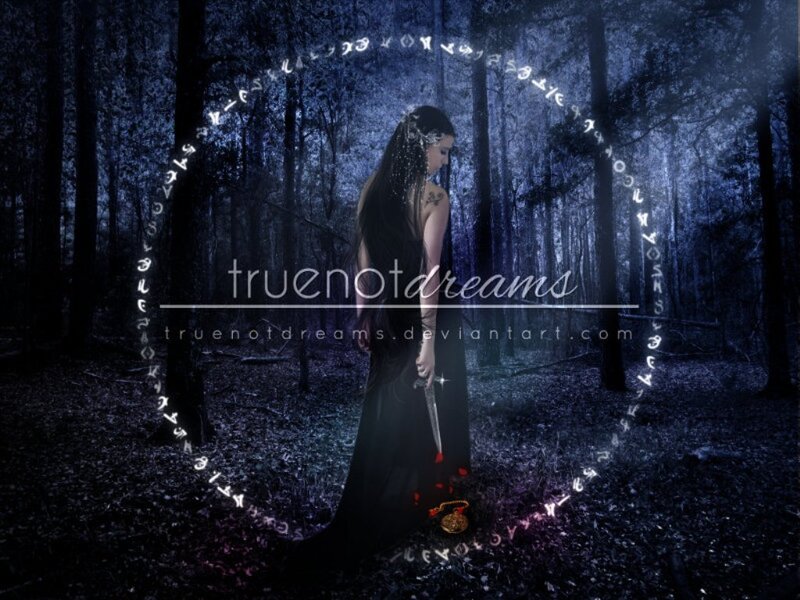 Woman in Dark Forest — Black, Mysterious, Night, Digital Art, Sword