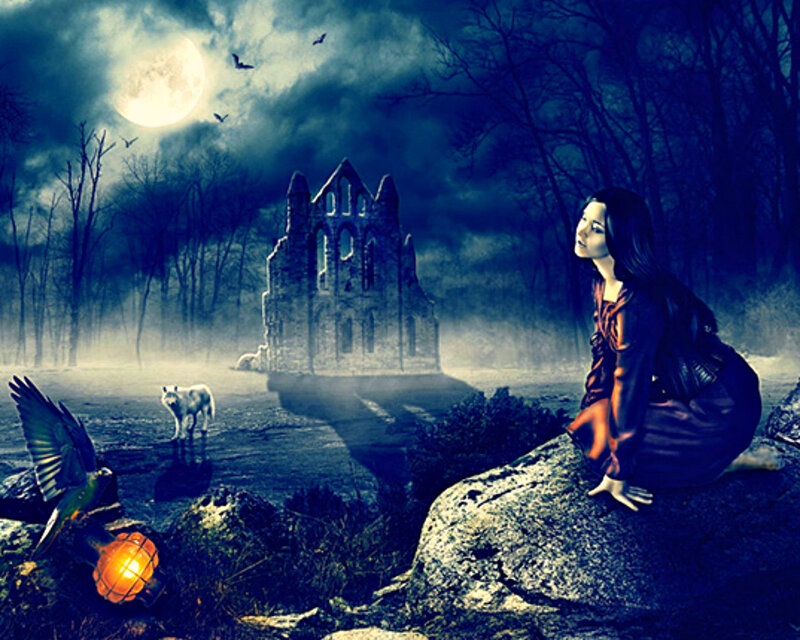 Woman in Dark Forest — Blue, Mysterious, Night