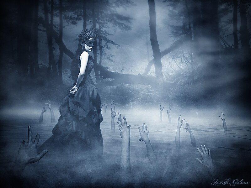 Woman in Dark Forest — Blue, Night