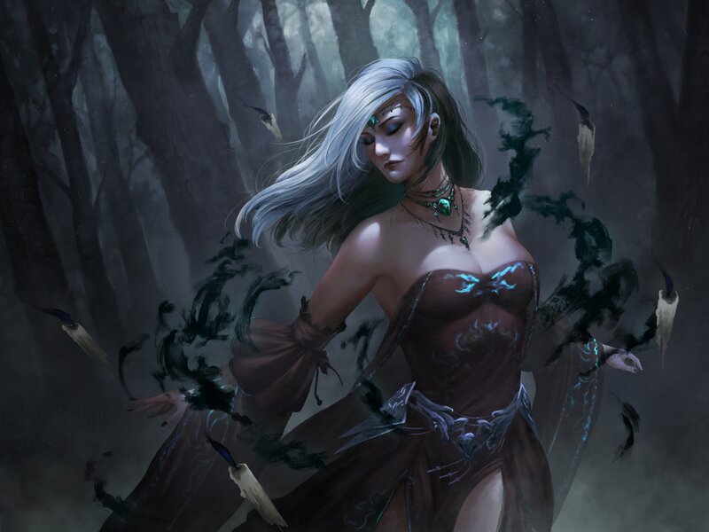 Woman in Dark Forest — Gray, Dramatic, Night