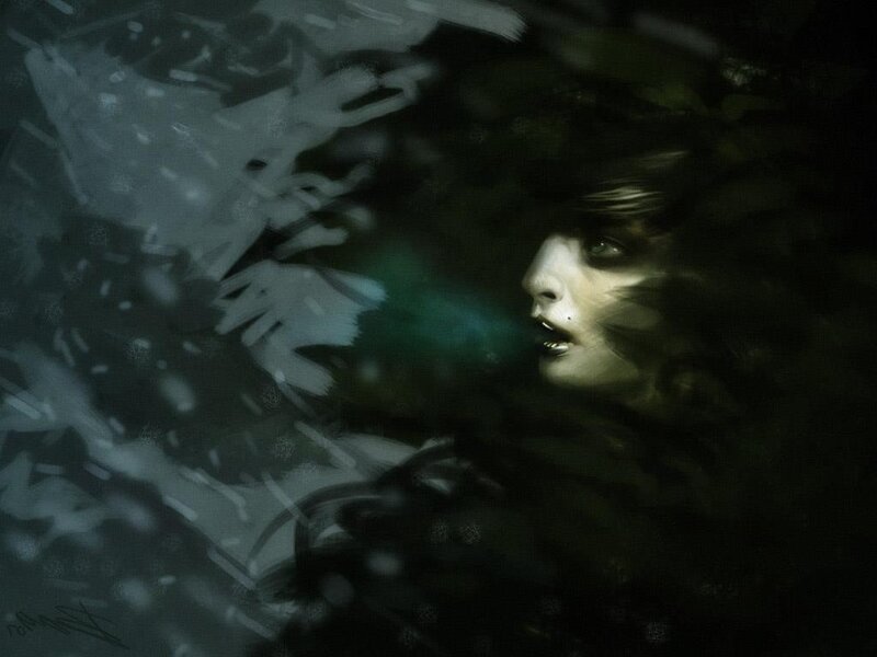 Woman in Dark Forest — Green, Dark, Mysterious