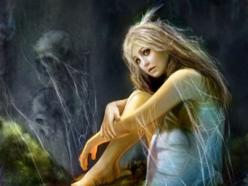 Woman in Dark Forest — Green, Dramatic