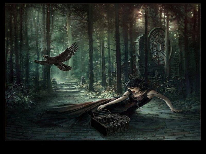Woman in Dark Forest — Green, Mysterious, Night, Digital Art
