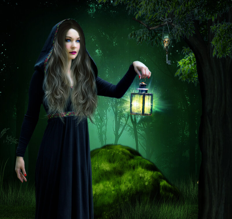Woman in Dark Forest — Green, Mysterious
